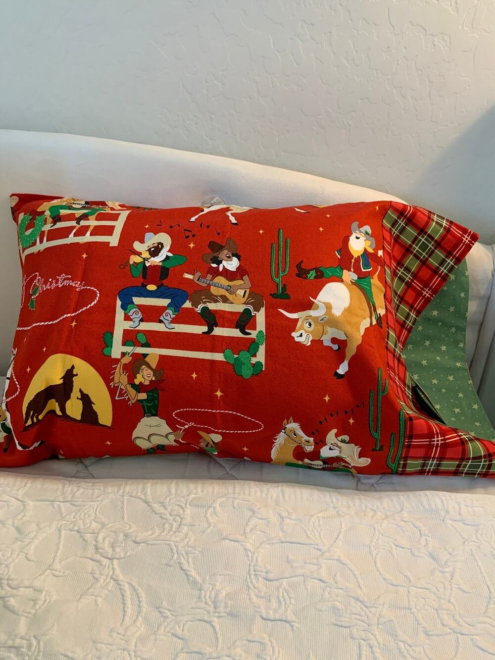 Santa Goes to the Rodeo Toddler Pillowcase, Handmade Designer Cotton